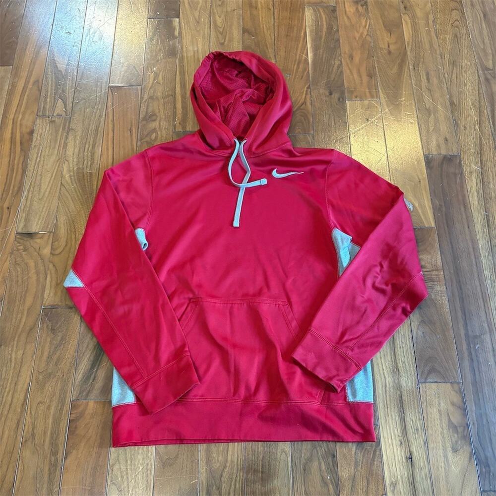 Nike Hoodie Mens Small Red Pullover Therma-FIT Gray Contrast Panels Logo